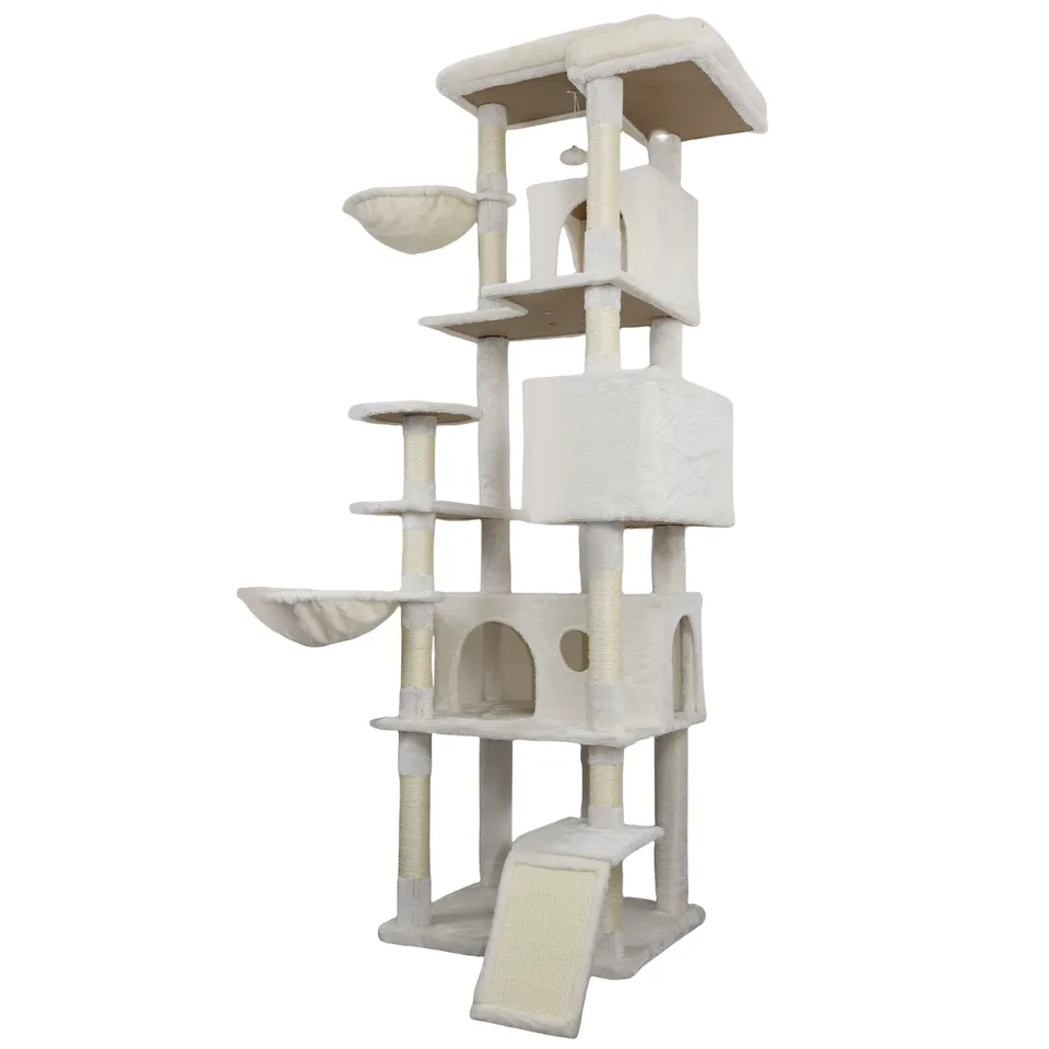 84 in Beige cat tree tower with large condo sisal scratching post big hammock and top platform view 6