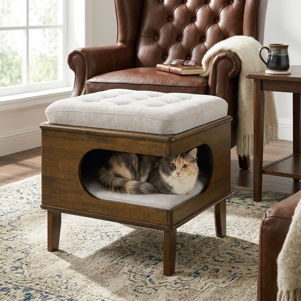 Letitia Rubber Wood Cat Bed Ottoman, 2-in-1 Tufted Pet Ottoman with Cat Cave, Multi-Functional Footstool with Cat Hideaway, Walnut Finish view 10