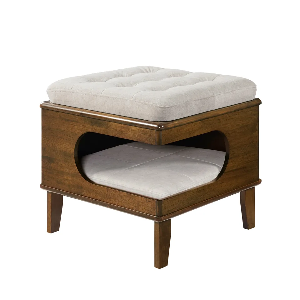 Letitia Rubber Wood Cat Bed Ottoman, 2-in-1 Tufted Pet Ottoman with Cat Cave, Multi-Functional Footstool with Cat Hideaway, Walnut Finish view 12
