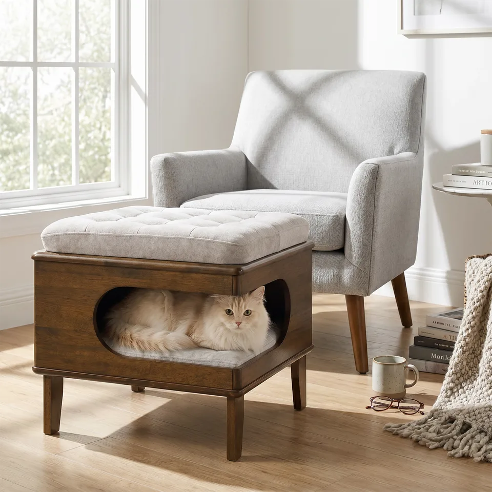 Letitia Rubber Wood Cat Bed Ottoman, 2-in-1 Tufted Pet Ottoman with Cat Cave, Multi-Functional Footstool with Cat Hideaway, Walnut Finish view 14