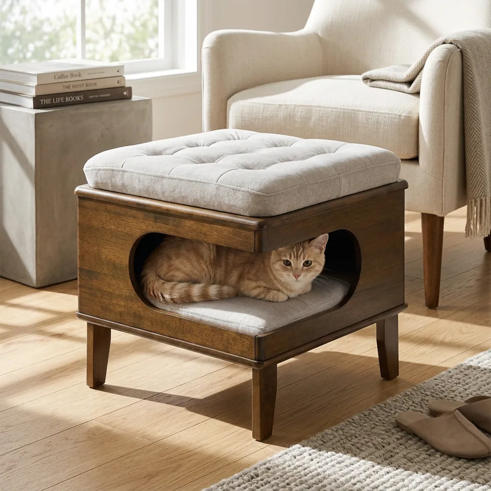 Letitia Rubber Wood Cat Bed Ottoman, 2-in-1 Tufted Pet Ottoman with Cat Cave, Multi-Functional Footstool with Cat Hideaway, Walnut Finish view 1