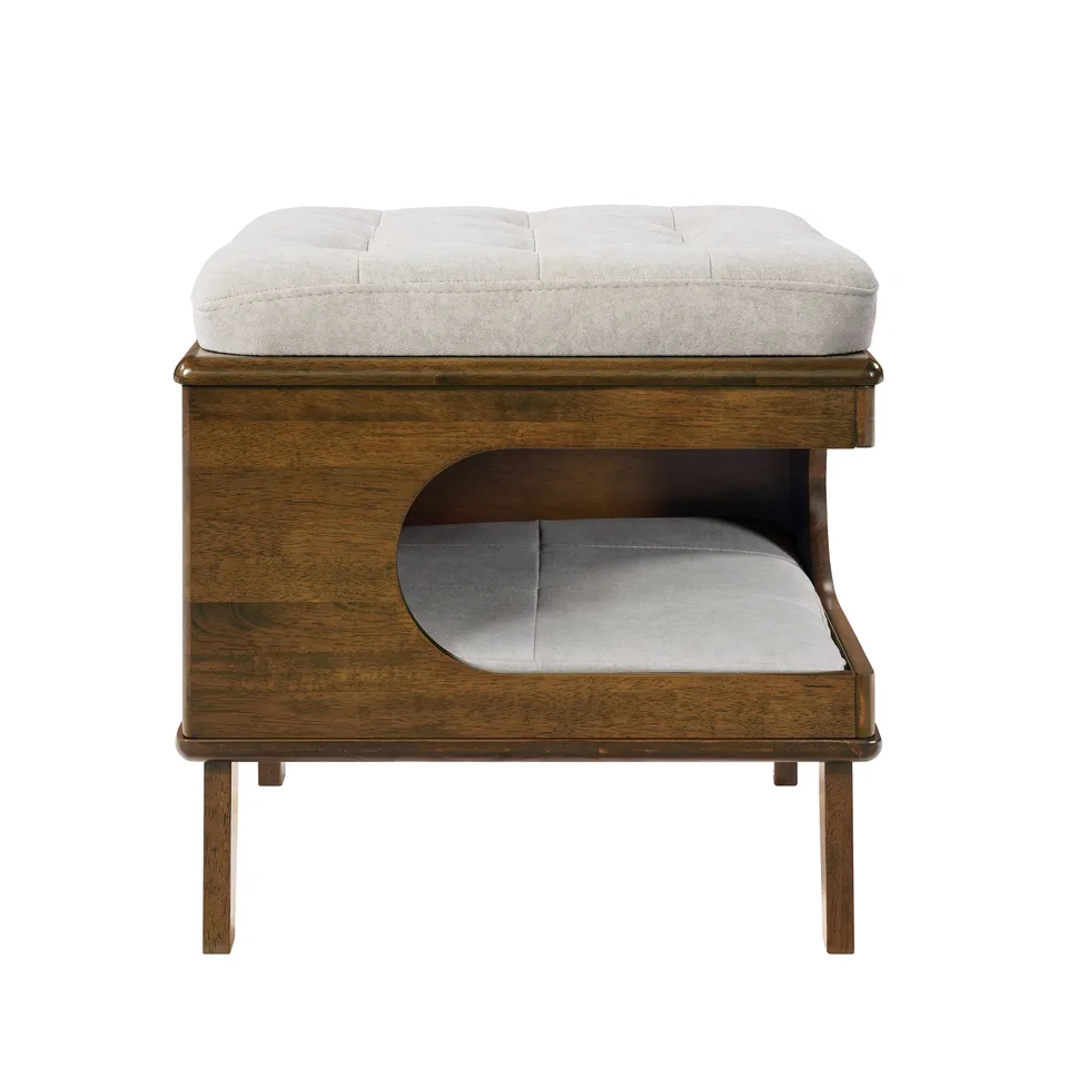 Letitia Rubber Wood Cat Bed Ottoman, 2-in-1 Tufted Pet Ottoman with Cat Cave, Multi-Functional Footstool with Cat Hideaway, Walnut Finish view 15
