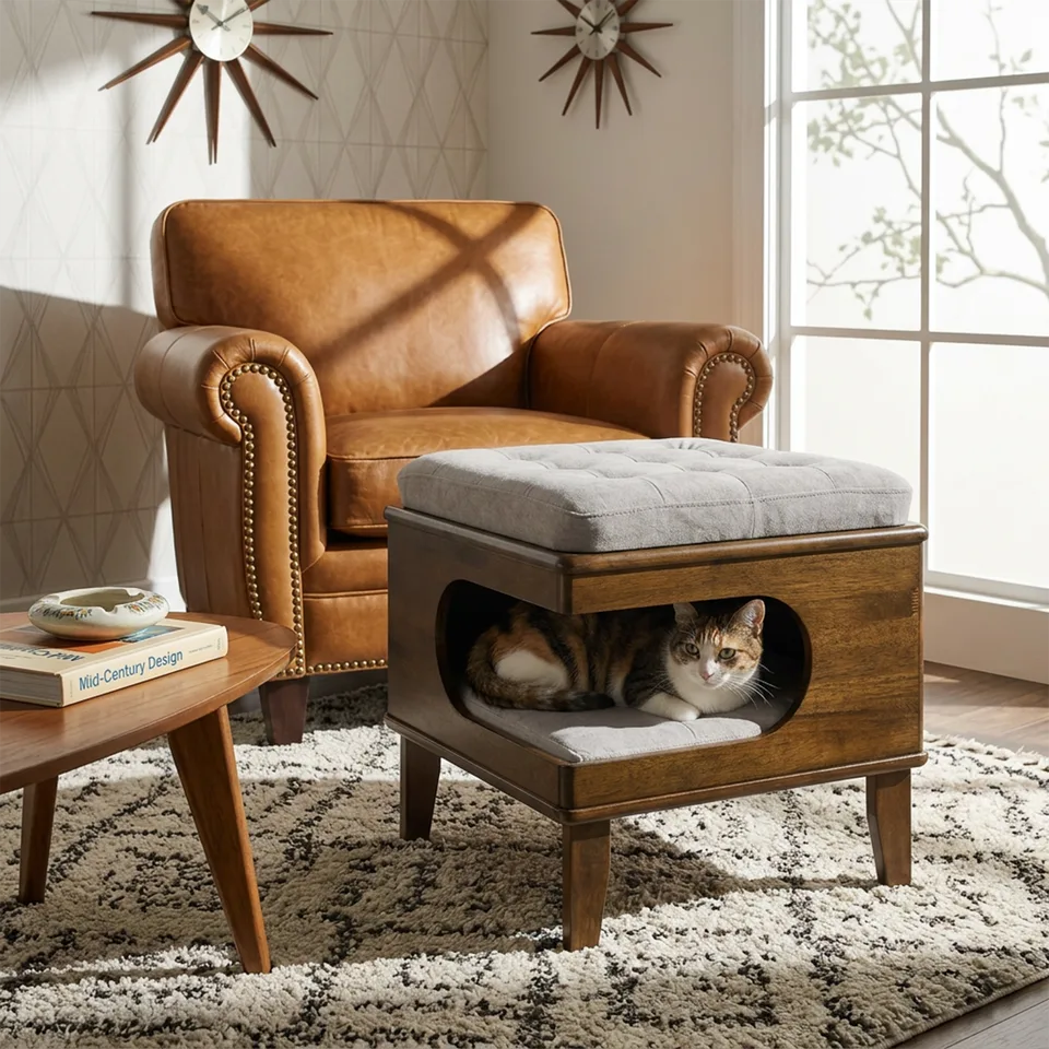 Letitia Rubber Wood Cat Bed Ottoman, 2-in-1 Tufted Pet Ottoman with Cat Cave, Multi-Functional Footstool with Cat Hideaway, Walnut Finish view 2