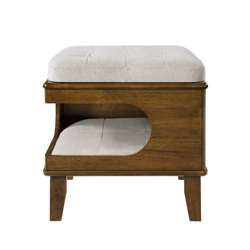 Letitia Rubber Wood Cat Bed Ottoman, 2-in-1 Tufted Pet Ottoman with Cat Cave, Multi-Functional Footstool with Cat Hideaway, Walnut Finish view 7