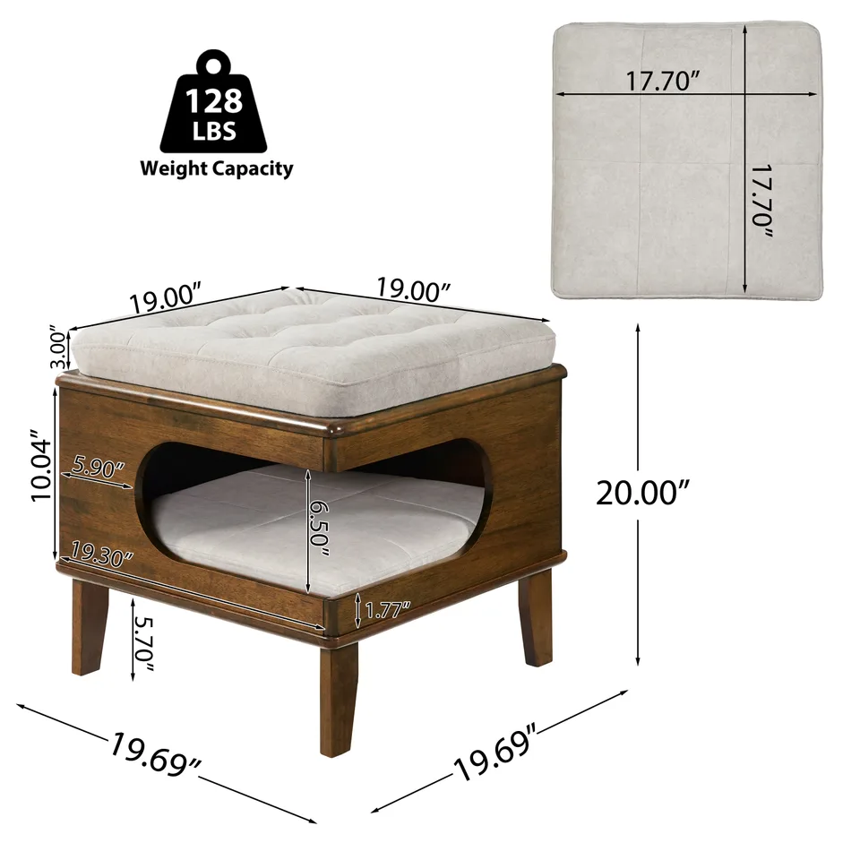 Letitia Rubber Wood Cat Bed Ottoman, 2-in-1 Tufted Pet Ottoman with Cat Cave, Multi-Functional Footstool with Cat Hideaway, Walnut Finish view 13