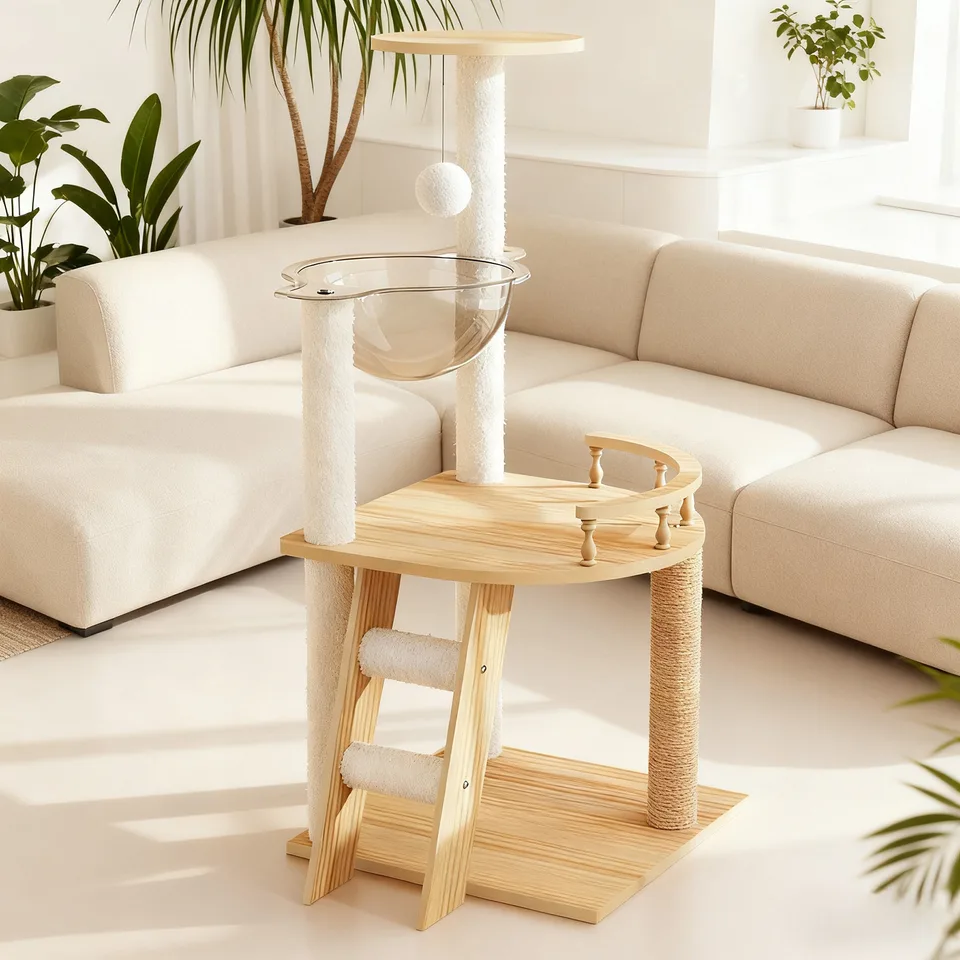 41.3" Modern Cat Tower, Wood Cat Tree Tower for Indoor Cats, Cat Treewith Sisal-Covered Scratching Posts and Top Perch, Cat Condo with view 5