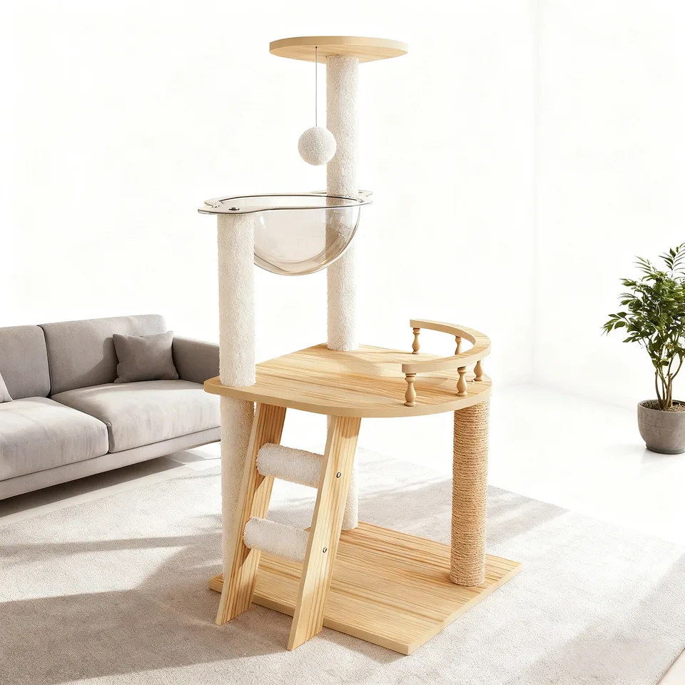41.3" Modern Cat Tower, Wood Cat Tree Tower for Indoor Cats, Cat Treewith Sisal-Covered Scratching Posts and Top Perch, Cat Condo with view 7