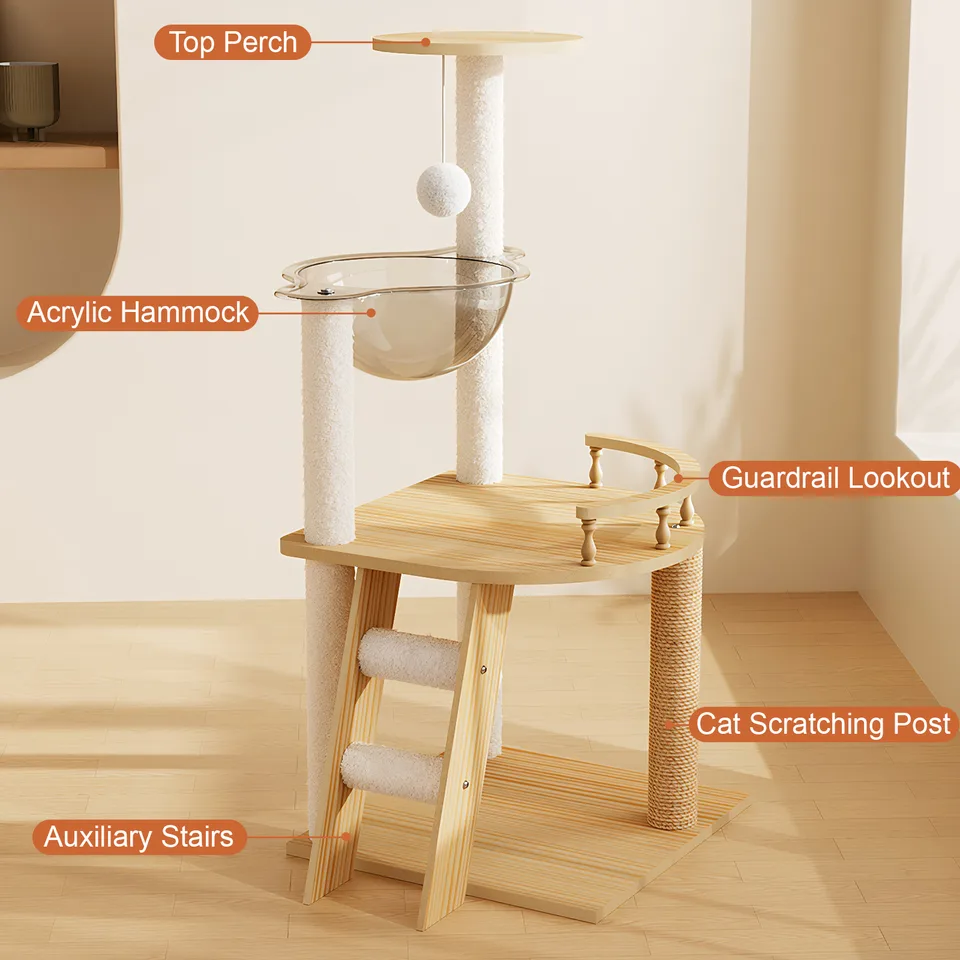 41.3" Modern Cat Tower, Wood Cat Tree Tower for Indoor Cats, Cat Treewith Sisal-Covered Scratching Posts and Top Perch, Cat Condo with view 4