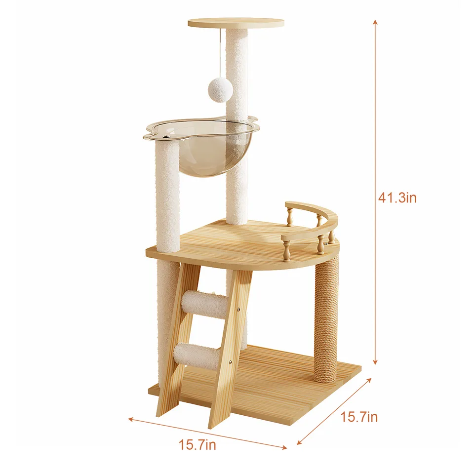 41.3" Modern Cat Tower, Wood Cat Tree Tower for Indoor Cats, Cat Treewith Sisal-Covered Scratching Posts and Top Perch, Cat Condo with view 3