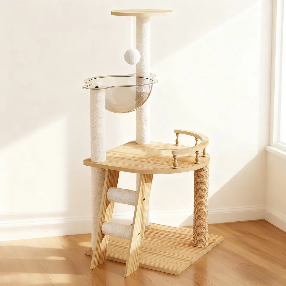 41.3" Modern Cat Tower, Wood Cat Tree Tower for Indoor Cats, Cat Treewith Sisal-Covered Scratching Posts and Top Perch, Cat Condo with view 6