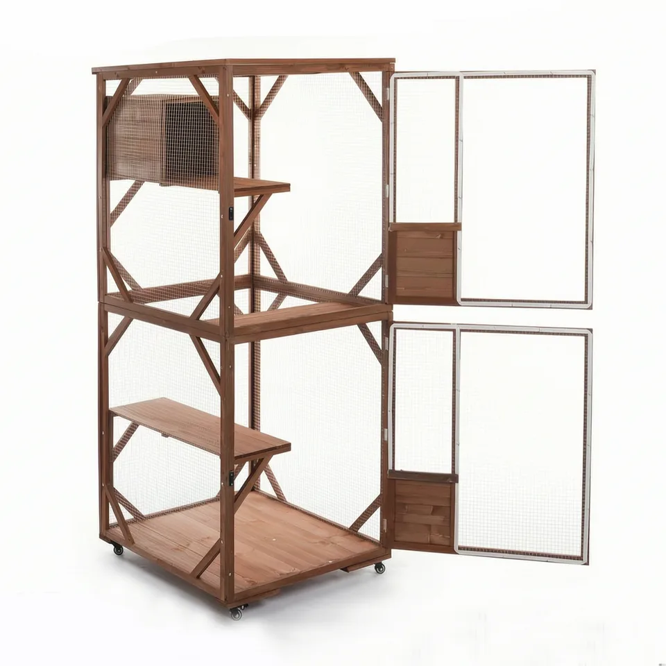 Large 2-Tier Outdoor Wooden Cat Enclosure on Lockable Wheels, Solid Fir Cat Cage with Multi-Level Platforms & Resting House, Weatherproof view 12