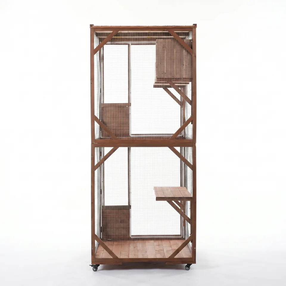 Large 2-Tier Outdoor Wooden Cat Enclosure on Lockable Wheels, Solid Fir Cat Cage with Multi-Level Platforms & Resting House, Weatherproof view 10