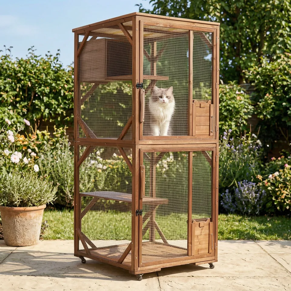 Large 2-Tier Outdoor Wooden Cat Enclosure on Lockable Wheels, Solid Fir Cat Cage with Multi-Level Platforms & Resting House, Weatherproof view 8