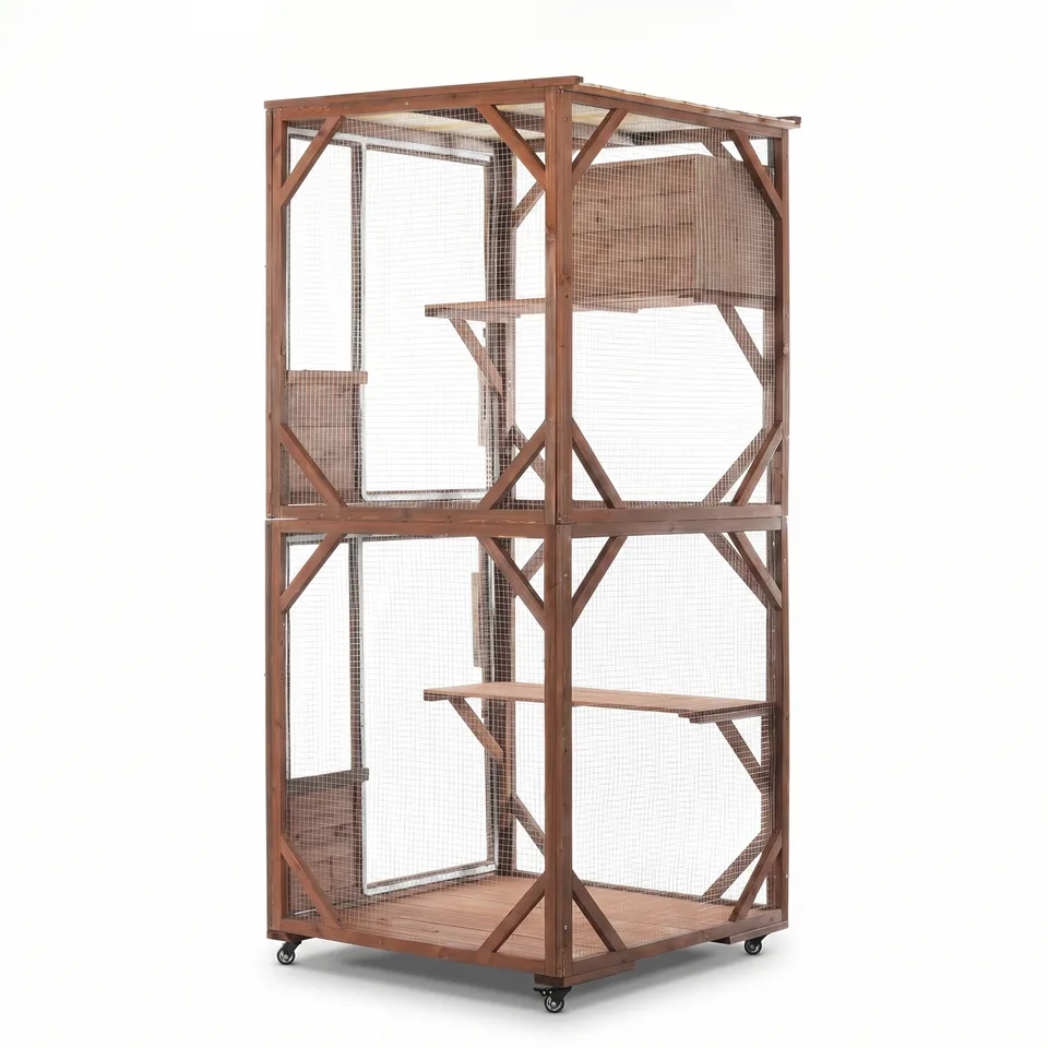 Large 2-Tier Outdoor Wooden Cat Enclosure on Lockable Wheels, Solid Fir Cat Cage with Multi-Level Platforms & Resting House, Weatherproof view 5