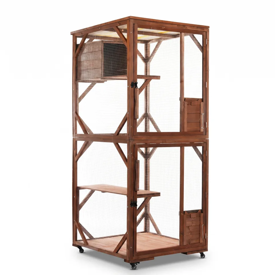 Large 2-Tier Outdoor Wooden Cat Enclosure on Lockable Wheels, Solid Fir Cat Cage with Multi-Level Platforms & Resting House, Weatherproof view 2