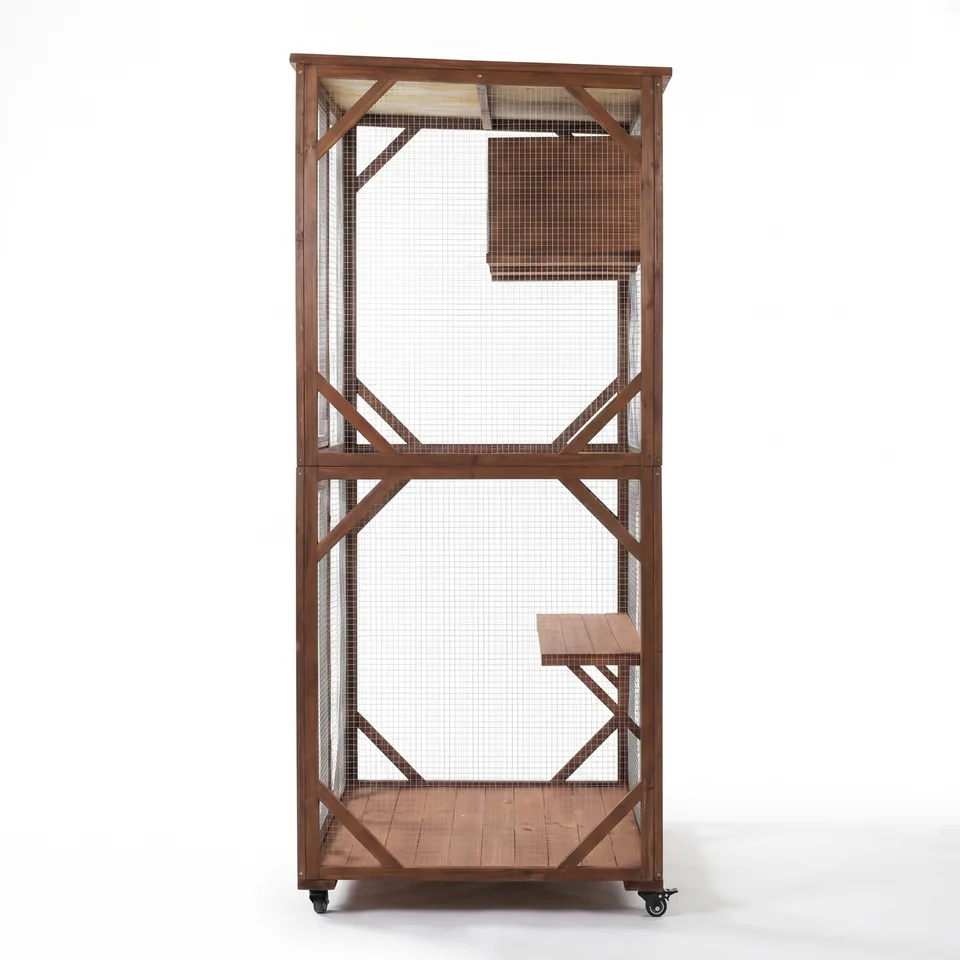 Large 2-Tier Outdoor Wooden Cat Enclosure on Lockable Wheels, Solid Fir Cat Cage with Multi-Level Platforms & Resting House, Weatherproof view 4