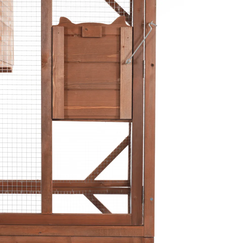 Large 2-Tier Outdoor Wooden Cat Enclosure on Lockable Wheels, Solid Fir Cat Cage with Multi-Level Platforms & Resting House, Weatherproof view 6