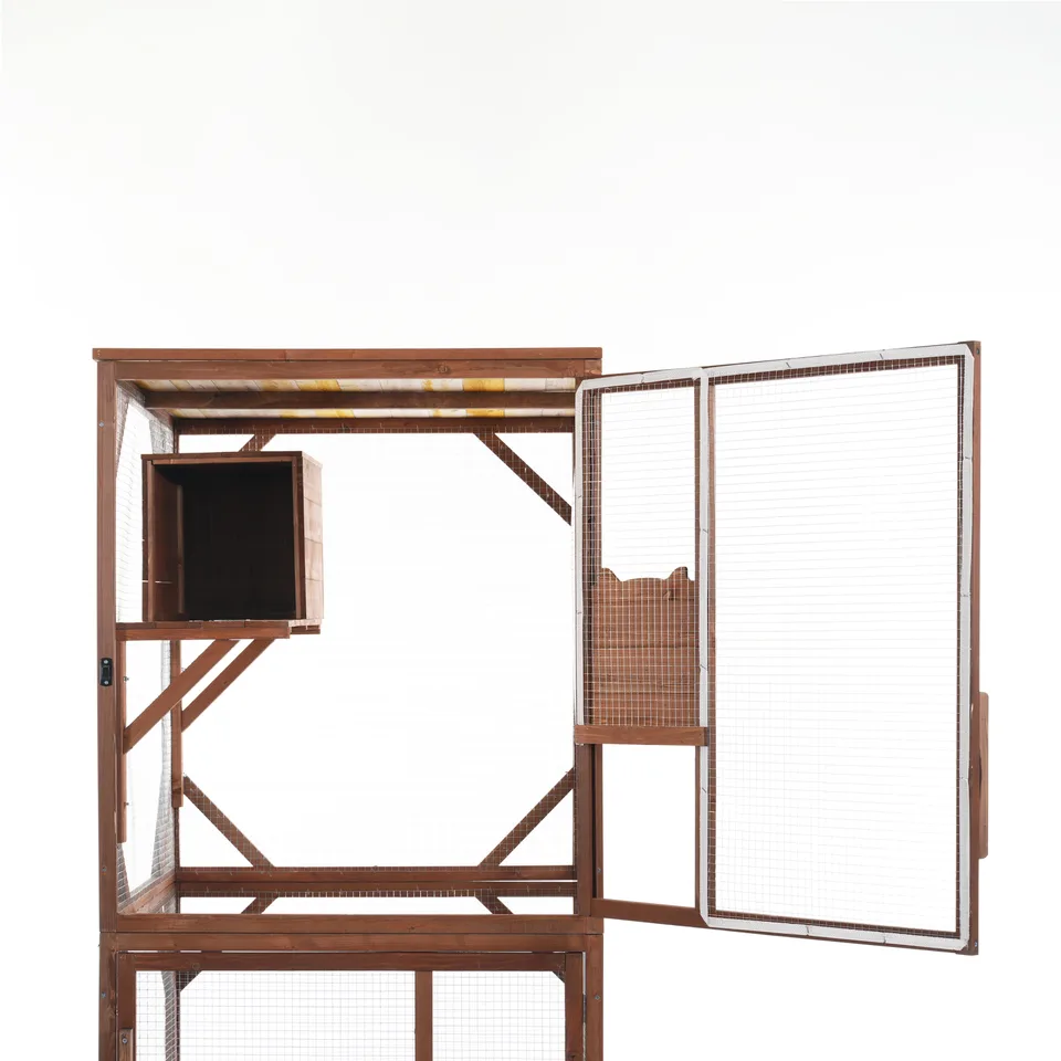 Large 2-Tier Outdoor Wooden Cat Enclosure on Lockable Wheels, Solid Fir Cat Cage with Multi-Level Platforms & Resting House, Weatherproof view 16