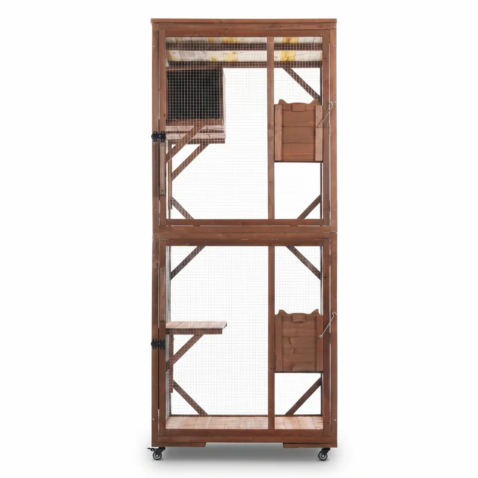 Large 2-Tier Outdoor Wooden Cat Enclosure on Lockable Wheels, Solid Fir Cat Cage with Multi-Level Platforms & Resting House, Weatherproof view 9