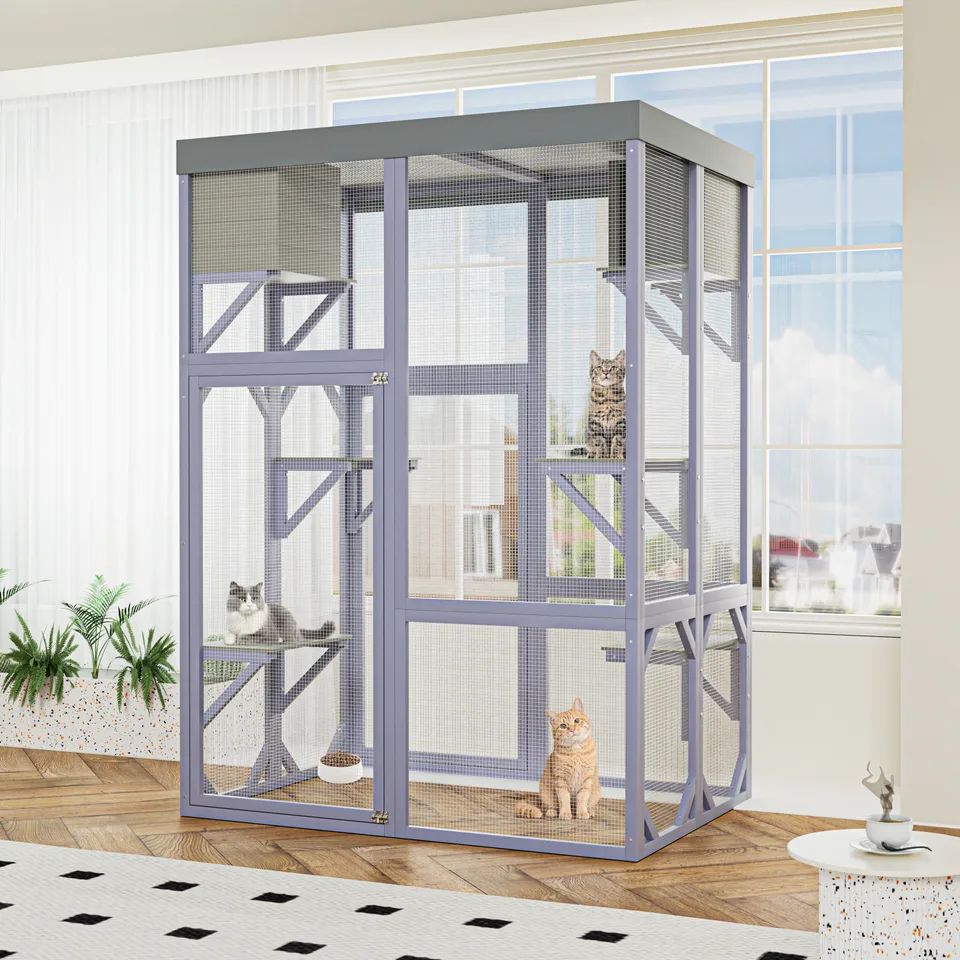 Outdoor Wooden Catio Multi-functional Cat Enclosure, 4 Platforms & 2 Napping Houses, 2 Strong Locks, Rounded Corner, Stepped view 2