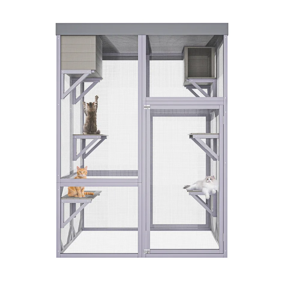 Outdoor Wooden Catio Multi-functional Cat Enclosure, 4 Platforms & 2 Napping Houses, 2 Strong Locks, Rounded Corner, Stepped view 7