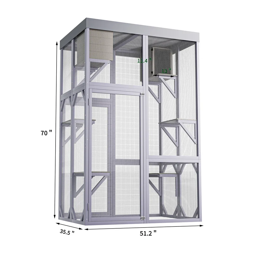 Outdoor Wooden Catio Multi-functional Cat Enclosure, 4 Platforms & 2 Napping Houses, 2 Strong Locks, Rounded Corner, Stepped view 3