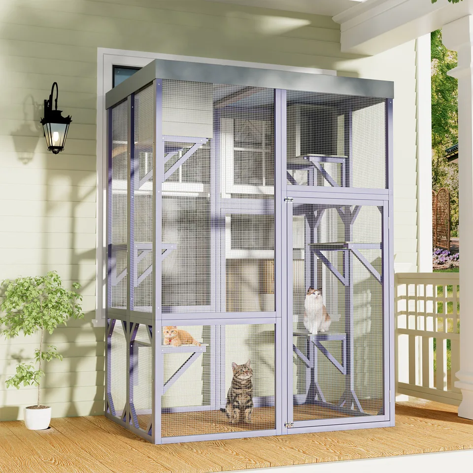 Outdoor Wooden Catio Multi-functional Cat Enclosure, 4 Platforms & 2 Napping Houses, 2 Strong Locks, Rounded Corner, Stepped view 15