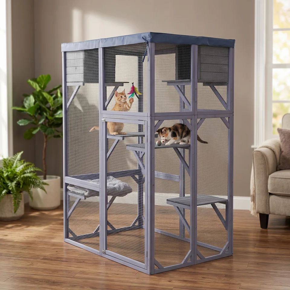 Outdoor Wooden Catio Multi-functional Cat Enclosure, 4 Platforms & 2 Napping Houses, 2 Strong Locks, Rounded Corner, Stepped view 11