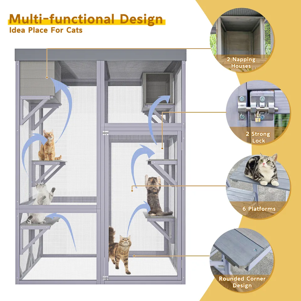 Outdoor Wooden Catio Multi-functional Cat Enclosure, 4 Platforms & 2 Napping Houses, 2 Strong Locks, Rounded Corner, Stepped view 16