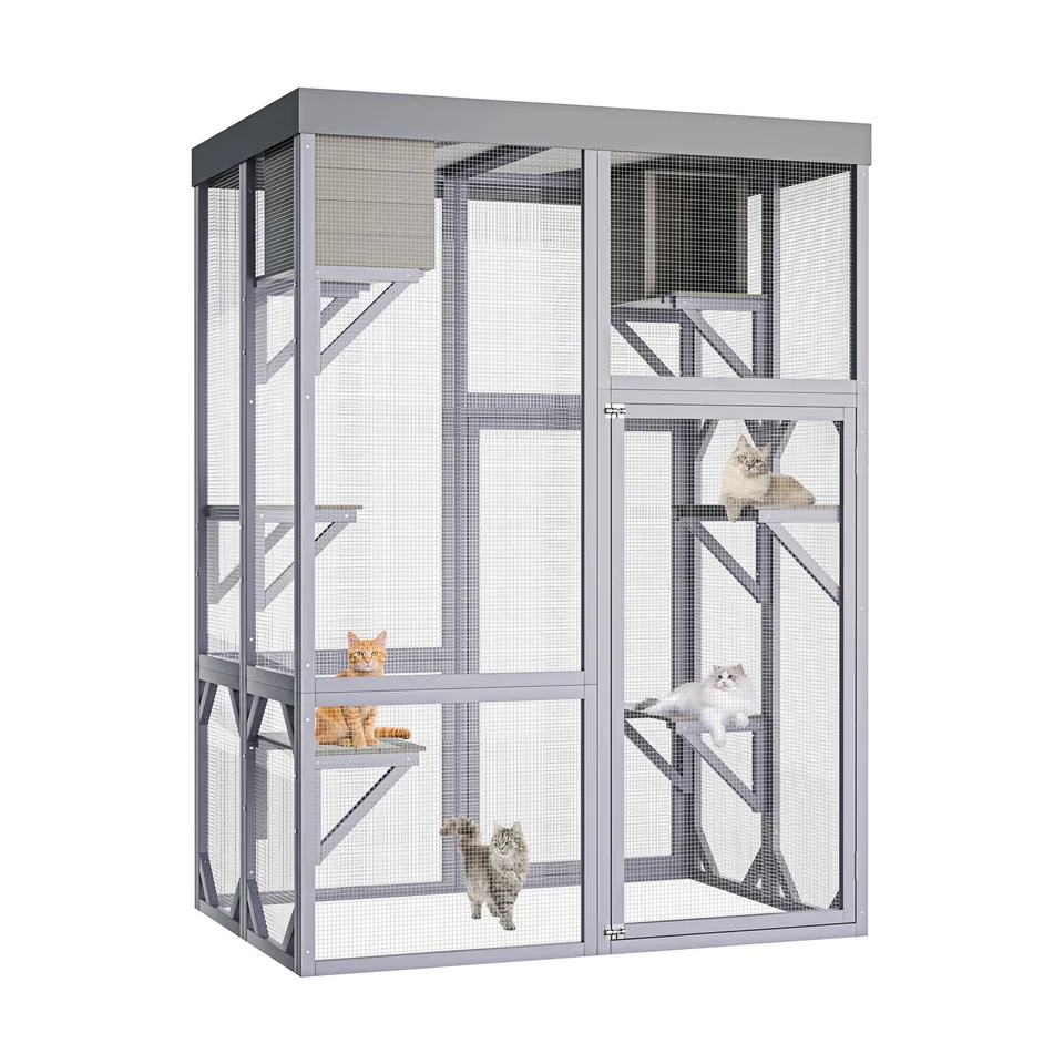 Outdoor Wooden Catio Multi-functional Cat Enclosure, 4 Platforms & 2 Napping Houses, 2 Strong Locks, Rounded Corner, Stepped view 14