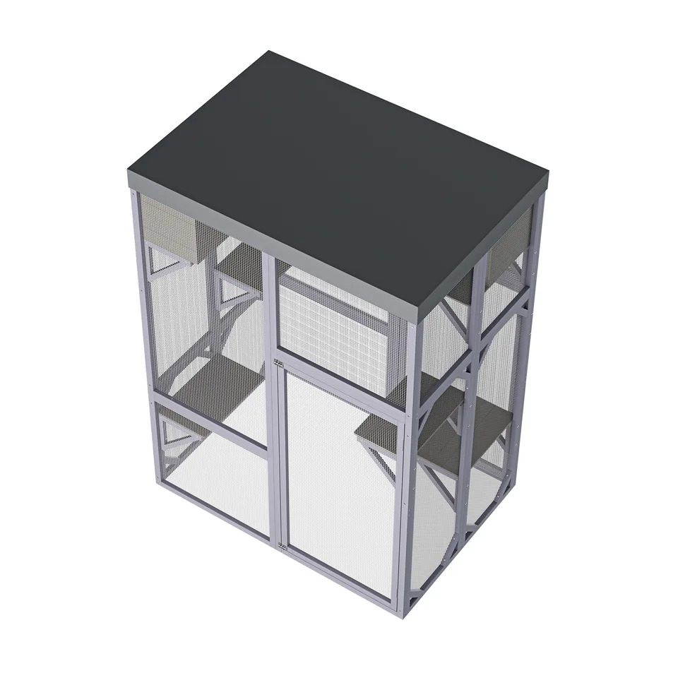 Outdoor Wooden Catio Multi-functional Cat Enclosure, 4 Platforms & 2 Napping Houses, 2 Strong Locks, Rounded Corner, Stepped view 8