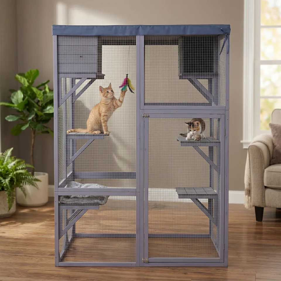 Outdoor Wooden Catio Multi-functional Cat Enclosure, 4 Platforms & 2 Napping Houses, 2 Strong Locks, Rounded Corner, Stepped view 1