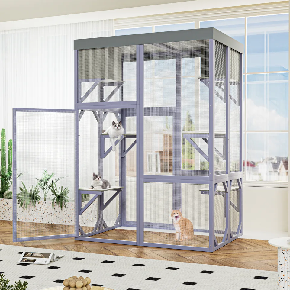 Outdoor Wooden Catio Multi-functional Cat Enclosure, 4 Platforms & 2 Napping Houses, 2 Strong Locks, Rounded Corner, Stepped view 10