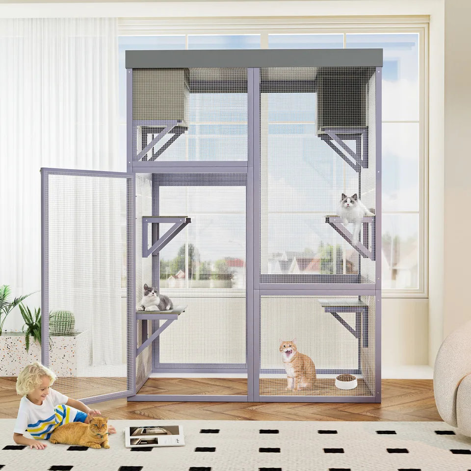 Outdoor Wooden Catio Multi-functional Cat Enclosure, 4 Platforms & 2 Napping Houses, 2 Strong Locks, Rounded Corner, Stepped view 12