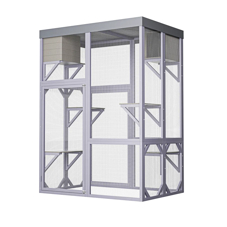 Outdoor Wooden Catio Multi-functional Cat Enclosure, 4 Platforms & 2 Napping Houses, 2 Strong Locks, Rounded Corner, Stepped view 5