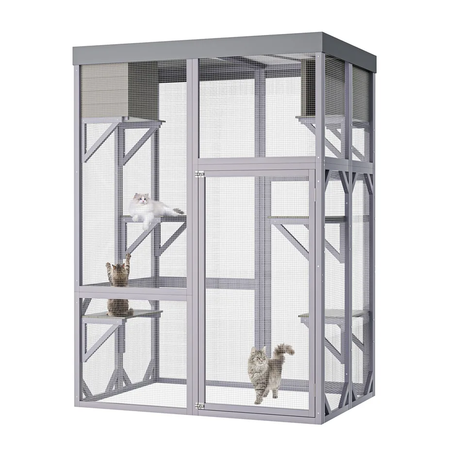 Outdoor Wooden Catio Multi-functional Cat Enclosure, 4 Platforms & 2 Napping Houses, 2 Strong Locks, Rounded Corner, Stepped view 4
