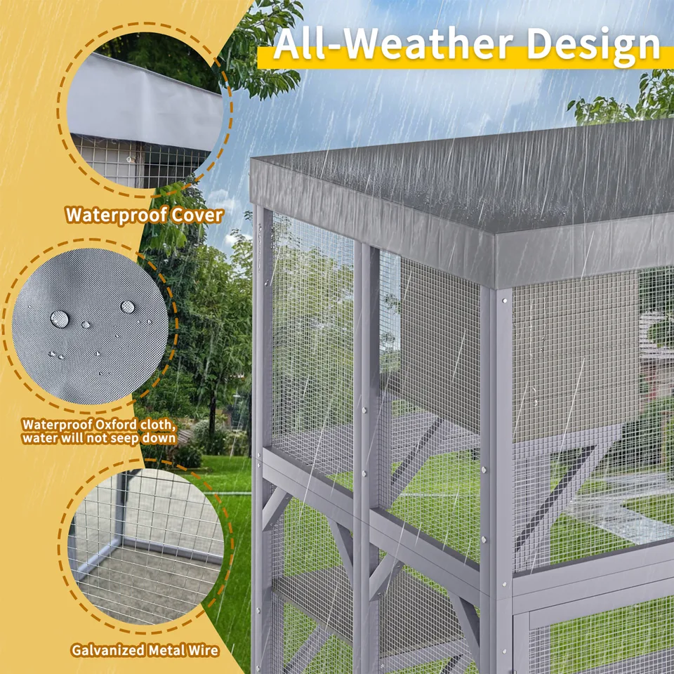 Outdoor Wooden Catio Multi-functional Cat Enclosure, 4 Platforms & 2 Napping Houses, 2 Strong Locks, Rounded Corner, Stepped view 13