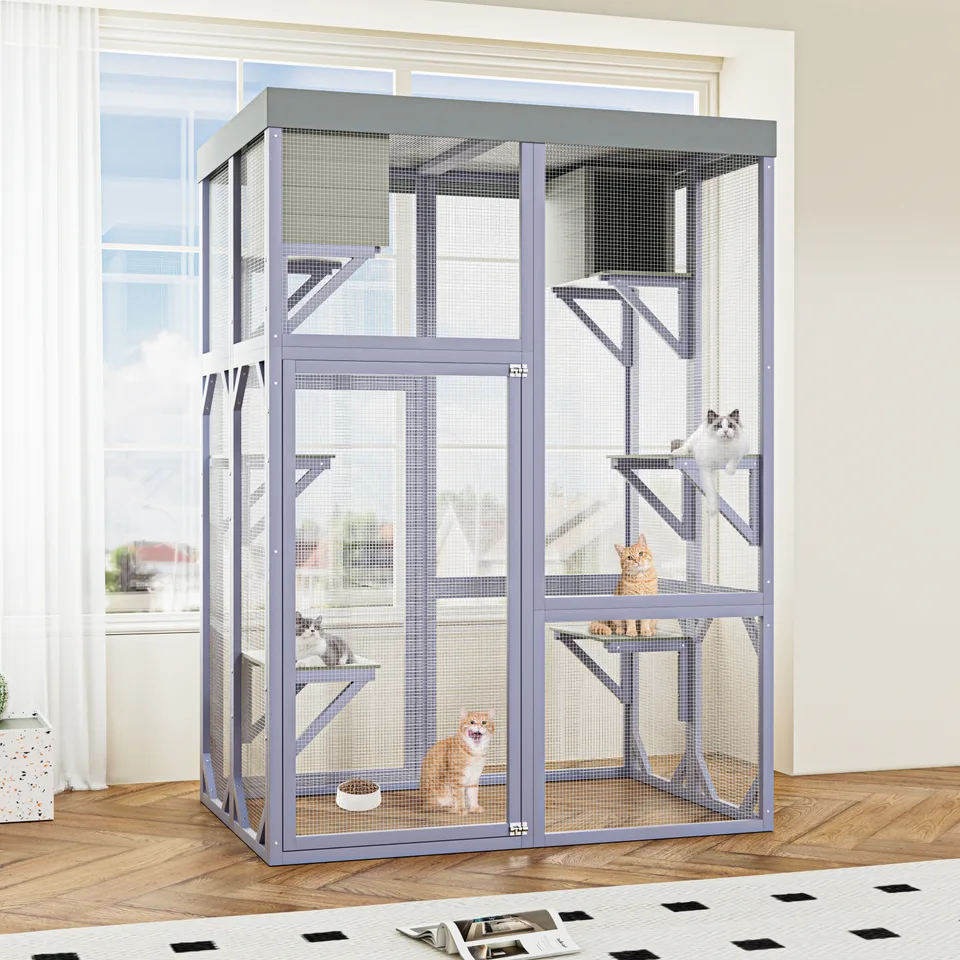 Outdoor Wooden Catio Multi-functional Cat Enclosure, 4 Platforms & 2 Napping Houses, 2 Strong Locks, Rounded Corner, Stepped view 9