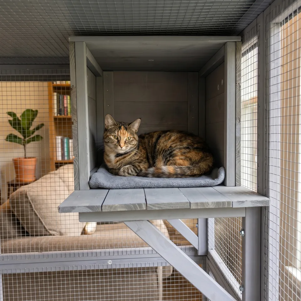Outdoor Wooden Catio Multi-functional Cat Enclosure, 4 Platforms & 2 Napping Houses, 2 Strong Locks, Rounded Corner, Stepped view 6