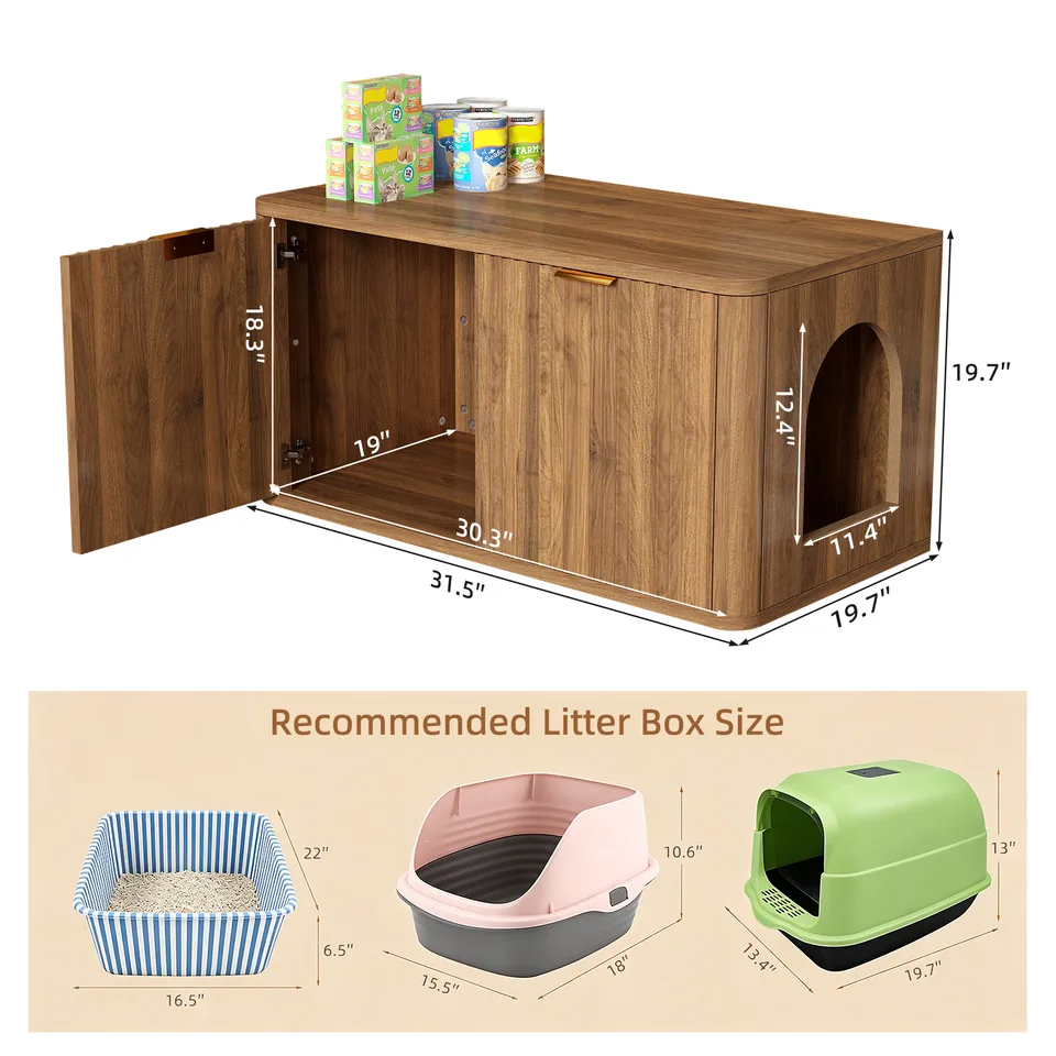 31.5" Walnut Cat Litter Box Enclosure Furniture, Large Decorative Hidden Litter Box Cabinet, Fluted Mid Century Modern Kitty End Table for view 11