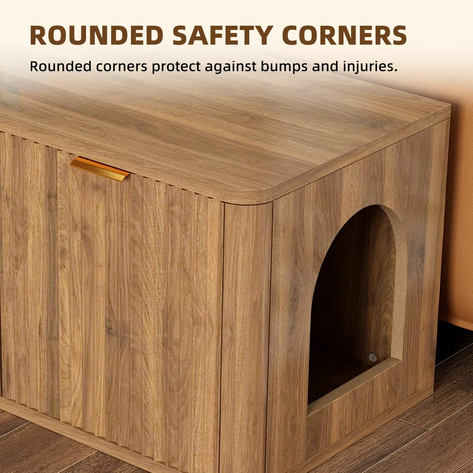 31.5" Walnut Cat Litter Box Enclosure Furniture, Large Decorative Hidden Litter Box Cabinet, Fluted Mid Century Modern Kitty End Table for view 12
