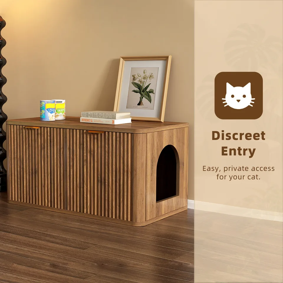 31.5" Walnut Cat Litter Box Enclosure Furniture, Large Decorative Hidden Litter Box Cabinet, Fluted Mid Century Modern Kitty End Table for view 2