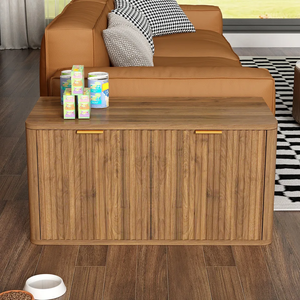 31.5" Walnut Cat Litter Box Enclosure Furniture, Large Decorative Hidden Litter Box Cabinet, Fluted Mid Century Modern Kitty End Table for view 9