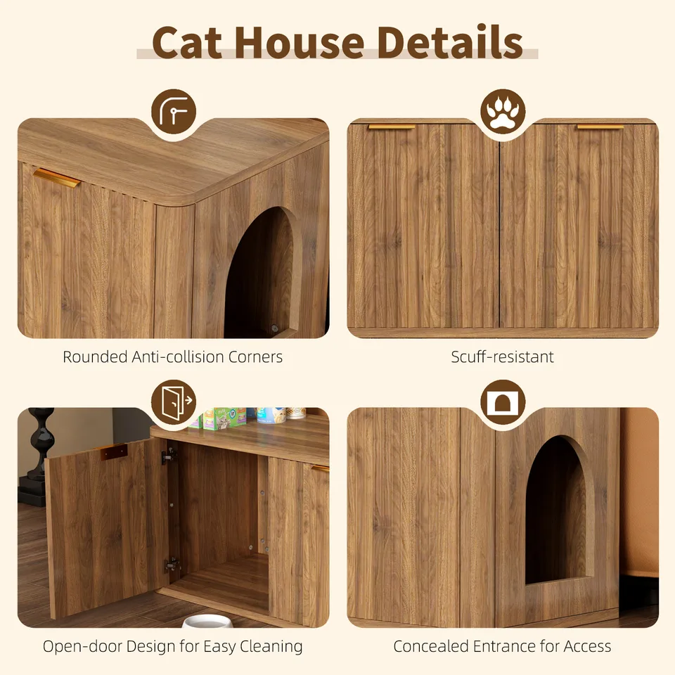 31.5" Walnut Cat Litter Box Enclosure Furniture, Large Decorative Hidden Litter Box Cabinet, Fluted Mid Century Modern Kitty End Table for view 7