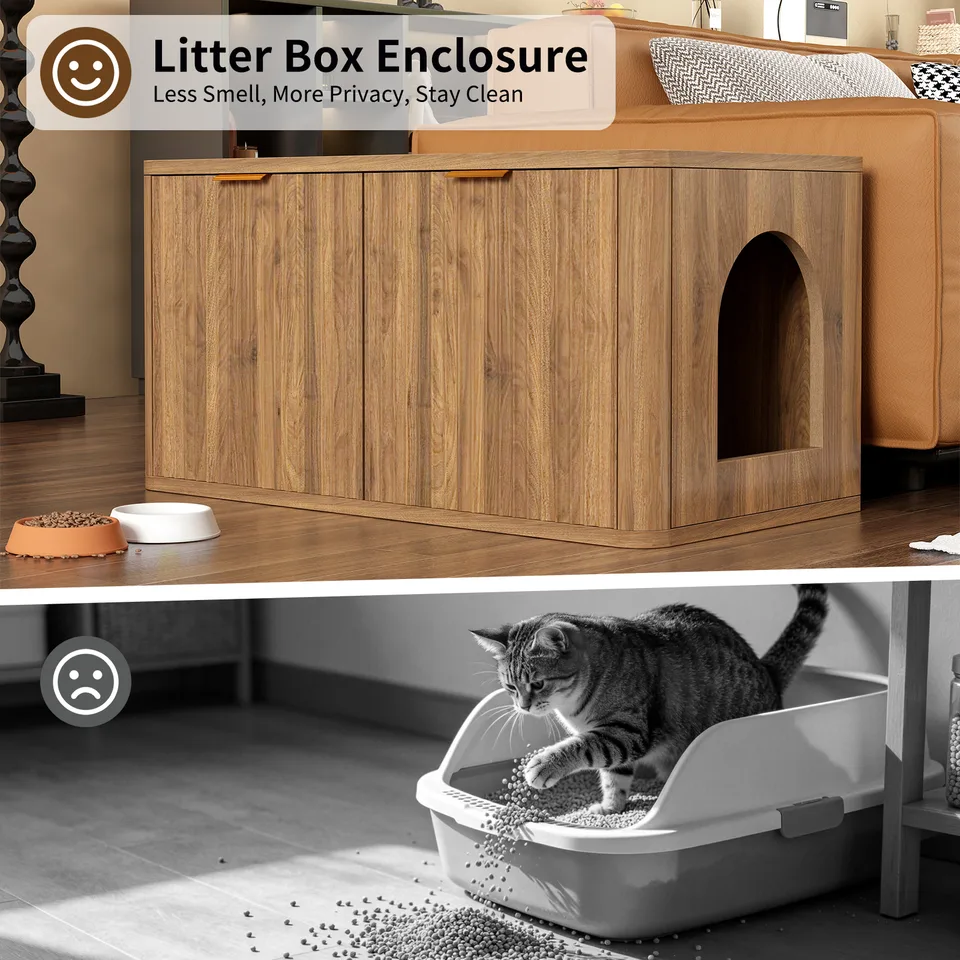 31.5" Walnut Cat Litter Box Enclosure Furniture, Large Decorative Hidden Litter Box Cabinet, Fluted Mid Century Modern Kitty End Table for view 14