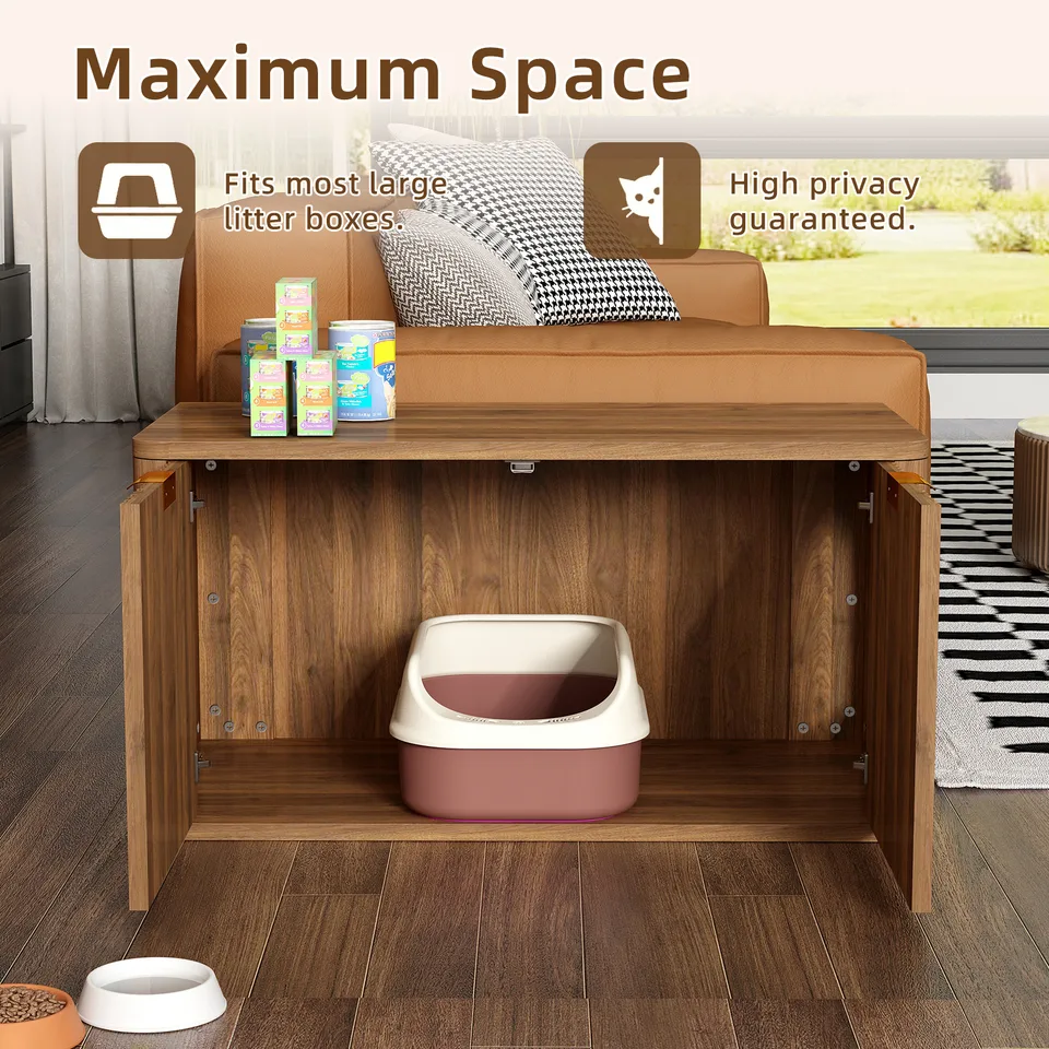 31.5" Walnut Cat Litter Box Enclosure Furniture, Large Decorative Hidden Litter Box Cabinet, Fluted Mid Century Modern Kitty End Table for view 8