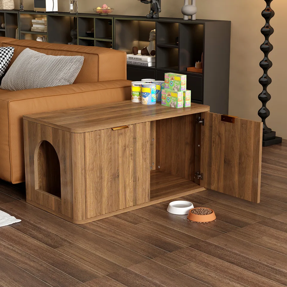 31.5" Walnut Cat Litter Box Enclosure Furniture, Large Decorative Hidden Litter Box Cabinet, Fluted Mid Century Modern Kitty End Table for view 13