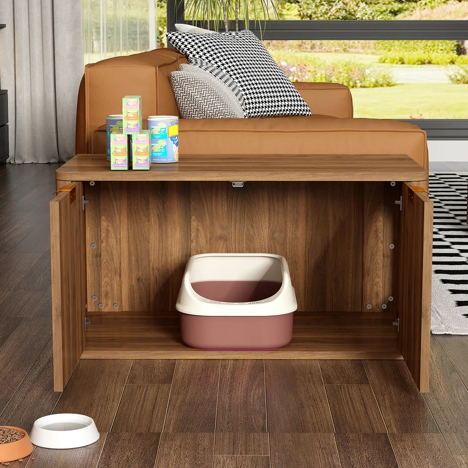 31.5" Walnut Cat Litter Box Enclosure Furniture, Large Decorative Hidden Litter Box Cabinet, Fluted Mid Century Modern Kitty End Table for view 6