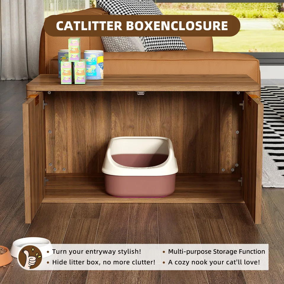 31.5" Walnut Cat Litter Box Enclosure Furniture, Large Decorative Hidden Litter Box Cabinet, Fluted Mid Century Modern Kitty End Table for view 4