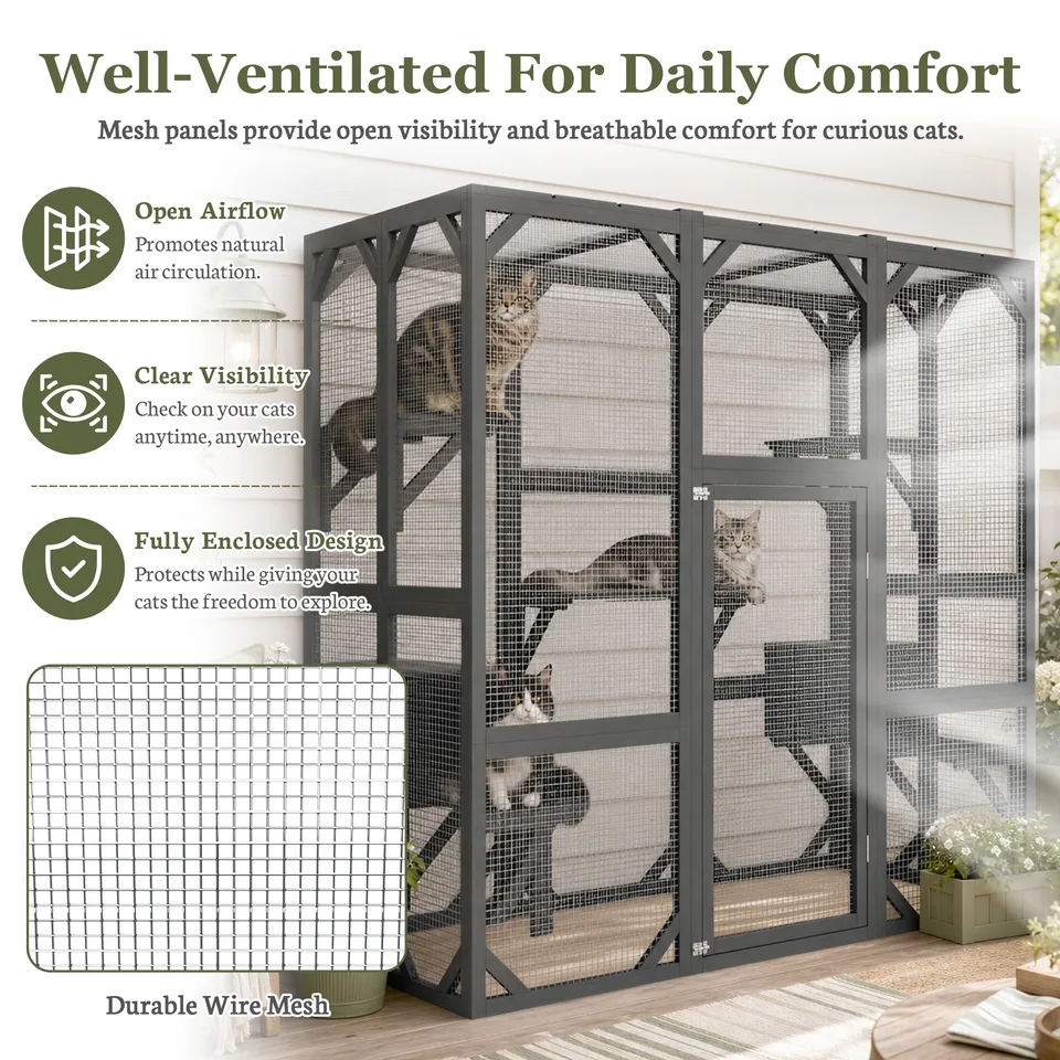 71" x 37" x 71" Outdoor Cat Enclosure, Large Wooden Cat Cage with Mesh Panels & Waterproof Roof, Well-Ventilated & Escape-Proof – For view 11
